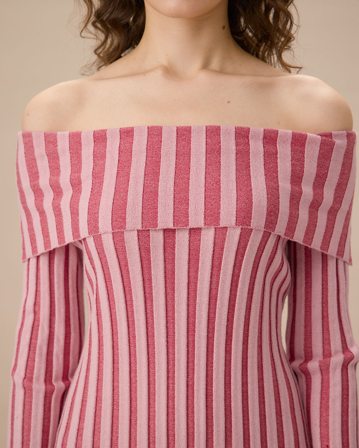 Pink Striped Off The Shoulder Bodycon Sweater Dress - Threadford