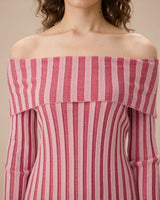 Pink Striped Off The Shoulder Bodycon Sweater Dress - Threadford