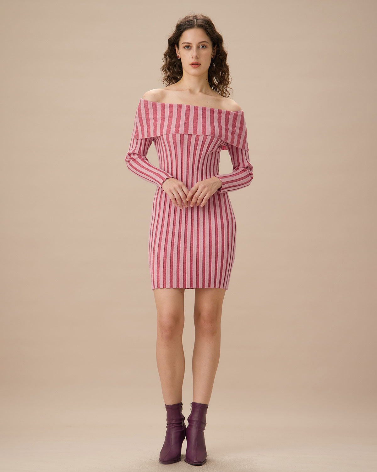 Pink Striped Off The Shoulder Bodycon Sweater Dress - Threadford