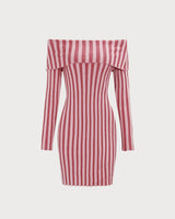 Pink Striped Off The Shoulder Bodycon Sweater Dress - Threadford