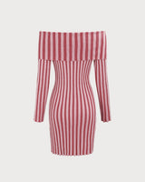 Pink Striped Off The Shoulder Bodycon Sweater Dress - Threadford