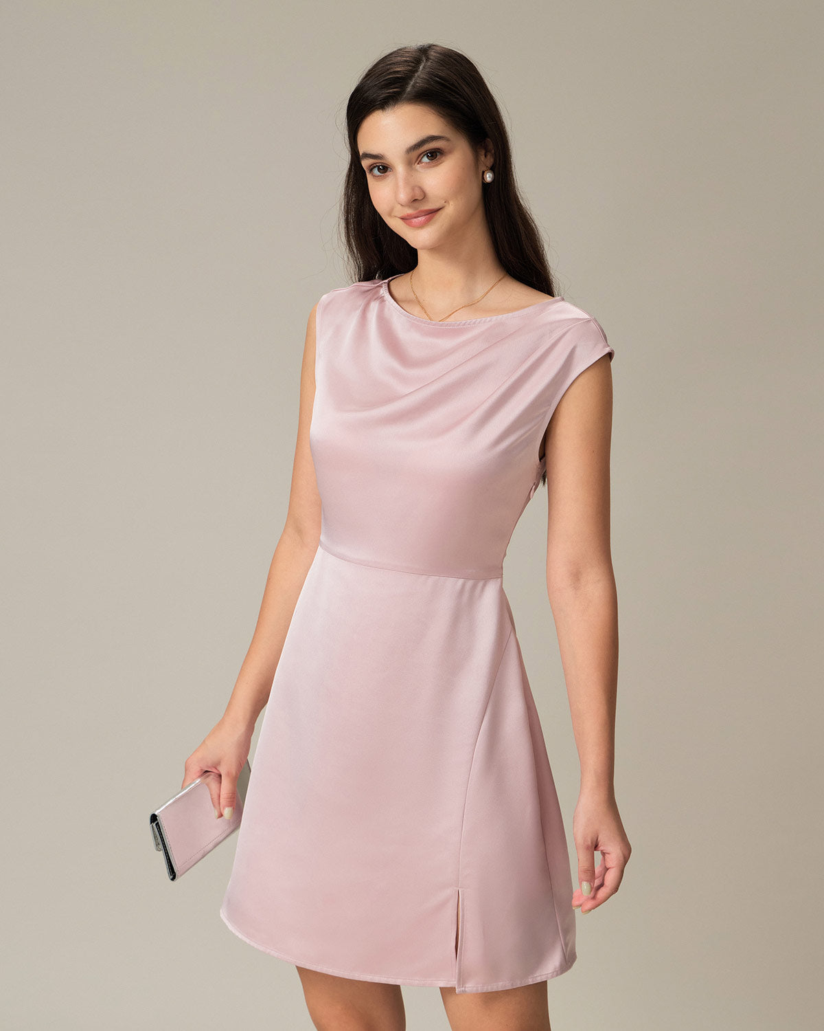 Pink Boat Neck Satin Mini Dress - Threadford