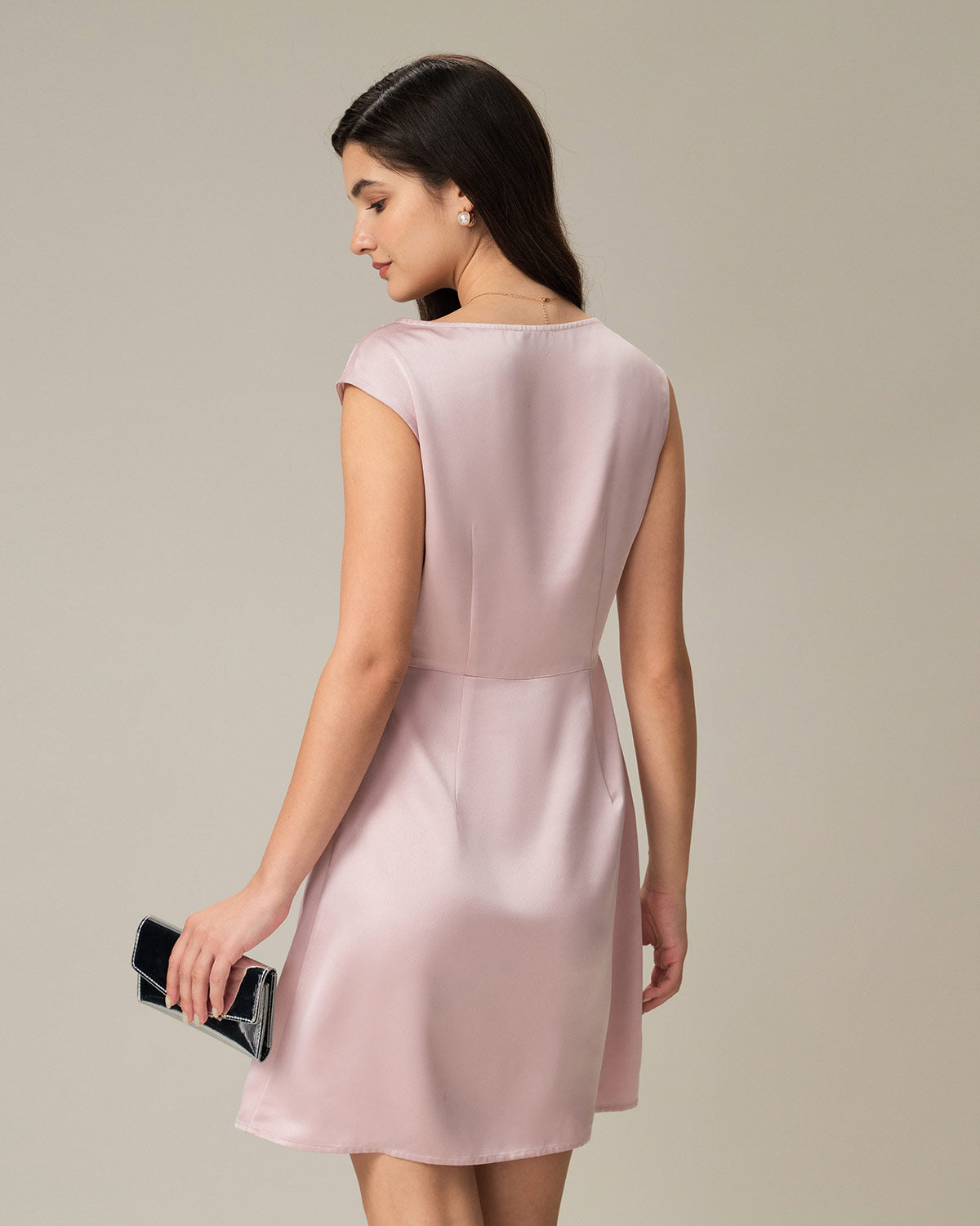 Pink Boat Neck Satin Mini Dress - Threadford