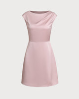 Pink Boat Neck Satin Mini Dress - Threadford
