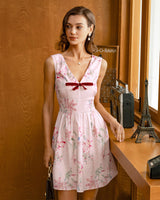 Pink Floral Bowknot Sleeveless Mini Dress - Threadford