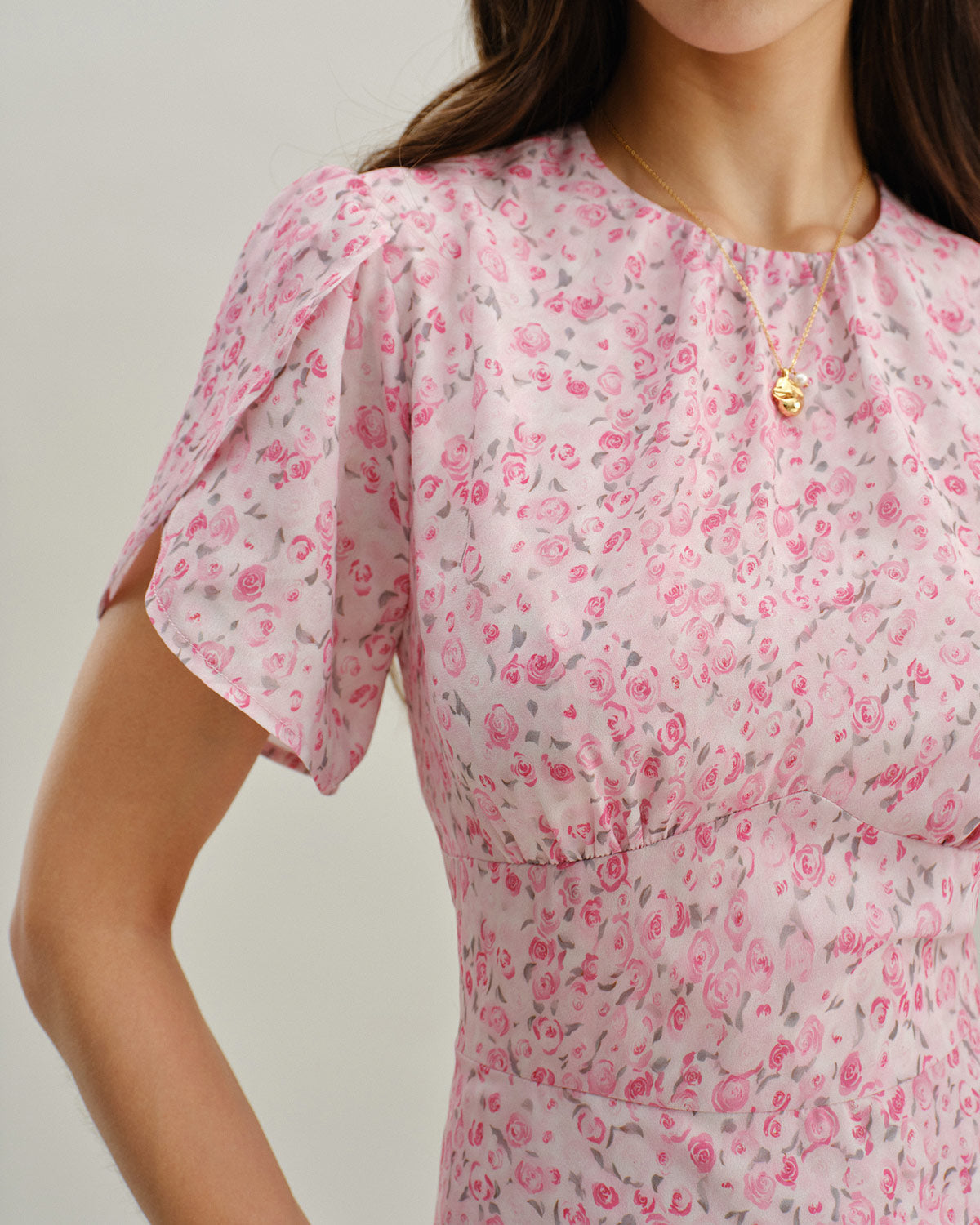 Pink Floral Round Neck Pleated Mini Dress - Threadford