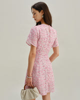 Pink Floral Round Neck Pleated Mini Dress - Threadford