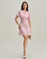 Pink Floral Round Neck Pleated Mini Dress - Threadford