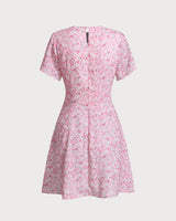 Pink Floral Round Neck Pleated Mini Dress - Threadford