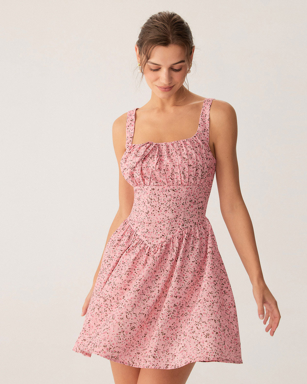 Pink Floral Ruched Corset Slip Mini Dress - Threadford