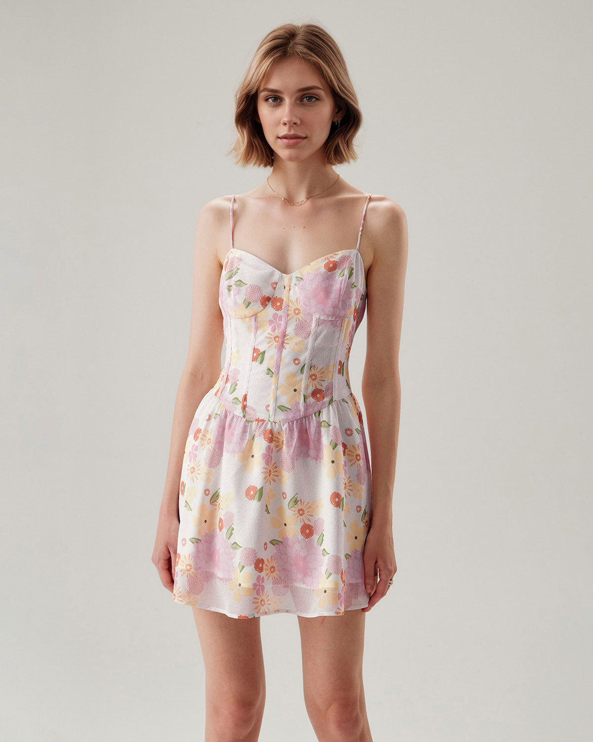 Pink Floral Sweetheart Neck Slip Mini Dress - Threadford