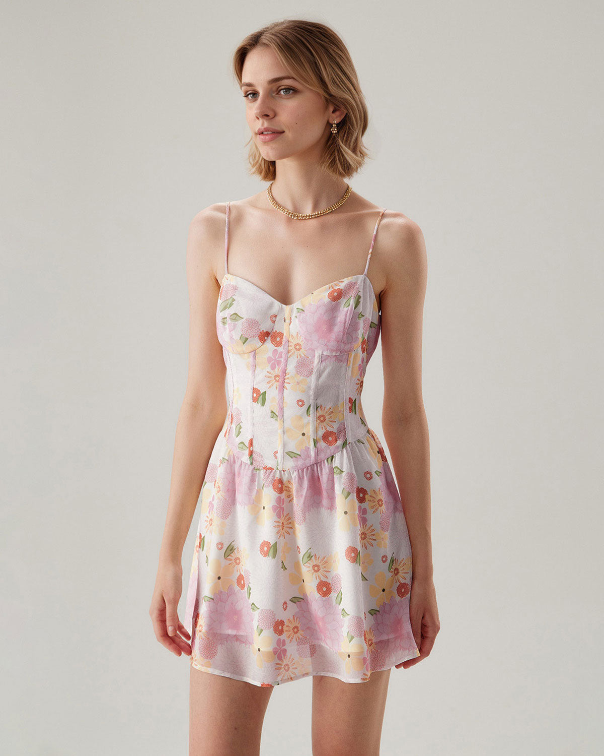 Pink Floral Sweetheart Neck Slip Mini Dress - Threadford