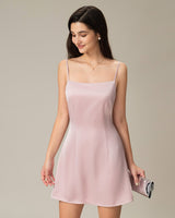 Pink Square Neck Satin Mini Dress - Threadford