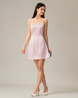 Pink Square Neck Satin Mini Dress - Threadford