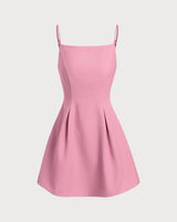 Pink Square Neck Slip Pleated Mini Dress - Threadford