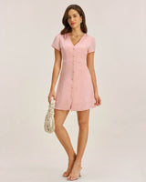 Pink V Neck Button Mini Dress - Threadford