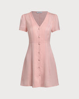 Pink V Neck Button Mini Dress - Threadford
