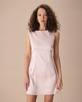 The Pink Boat Neck Bowknot Satin Mini Dress - Threadford