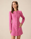 Women's Pink Single-breasted Tweed Mini Dress - Threadford