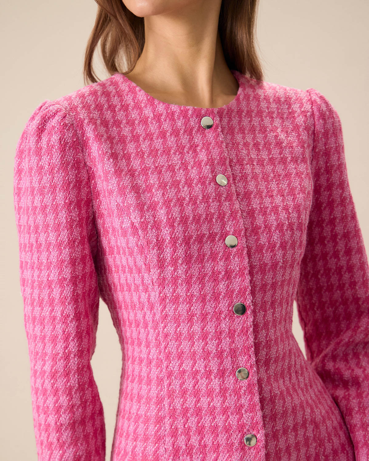 Women's Pink Single-breasted Tweed Mini Dress - Threadford