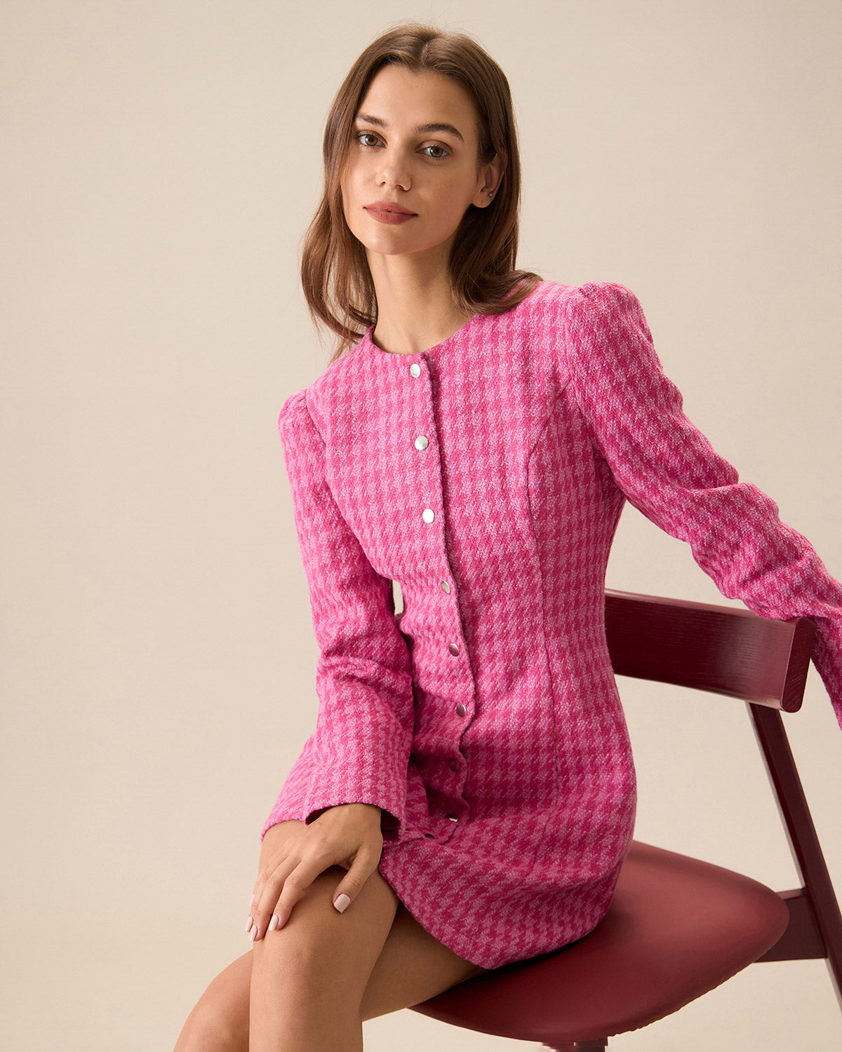 Women's Pink Single-breasted Tweed Mini Dress - Threadford