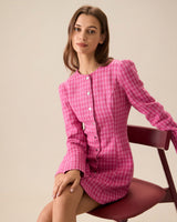 Women's Pink Single-breasted Tweed Mini Dress - Threadford