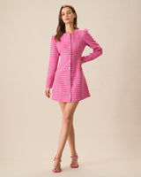 Women's Pink Single-breasted Tweed Mini Dress - Threadford