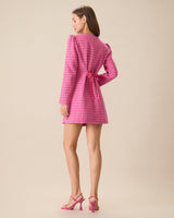 Women's Pink Single-breasted Tweed Mini Dress - Threadford