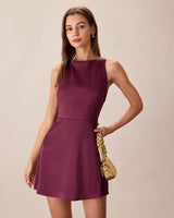 Purple Boat Neck Sleeveless Mini Dress - Threadford
