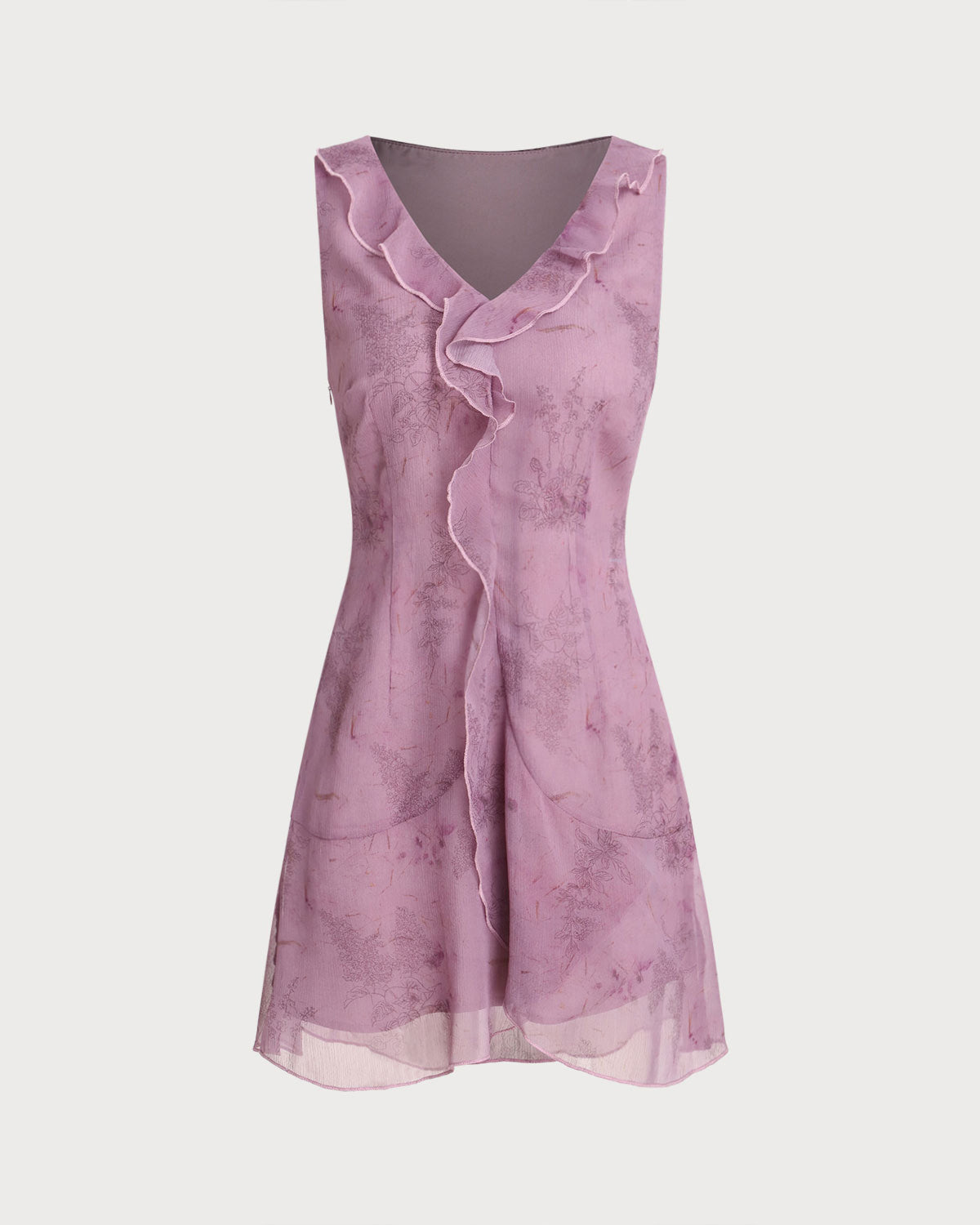 Purple Floral V Neck Ruffle Sleeveless Mini Dress - Threadford