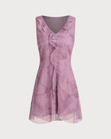 Purple Floral V Neck Ruffle Sleeveless Mini Dress - Threadford