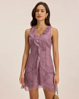 Purple Floral V Neck Ruffle Sleeveless Mini Dress - Threadford