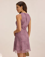 Purple Floral V Neck Ruffle Sleeveless Mini Dress - Threadford