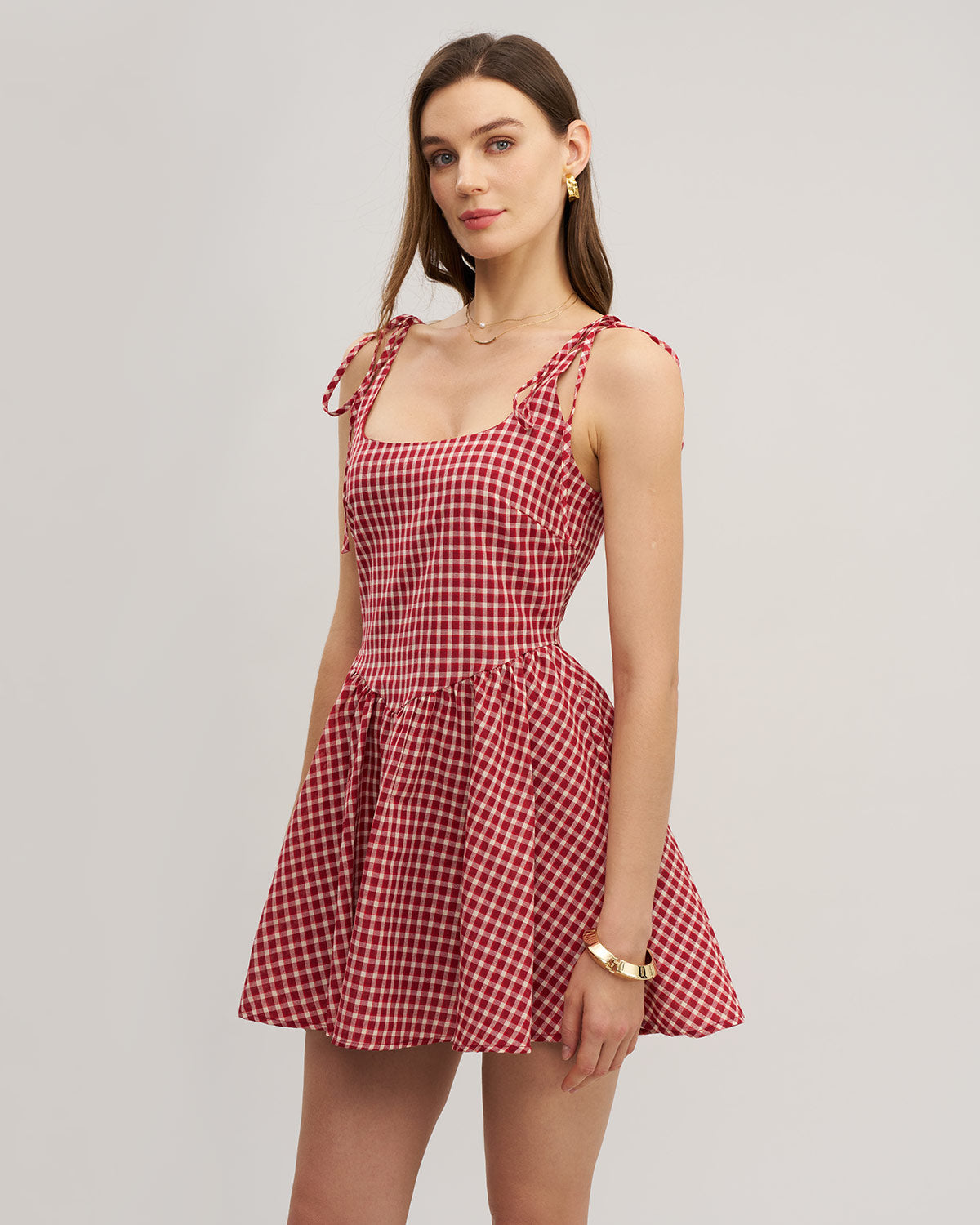 Red Plaid Tie Strap Mini Dress - Threadford