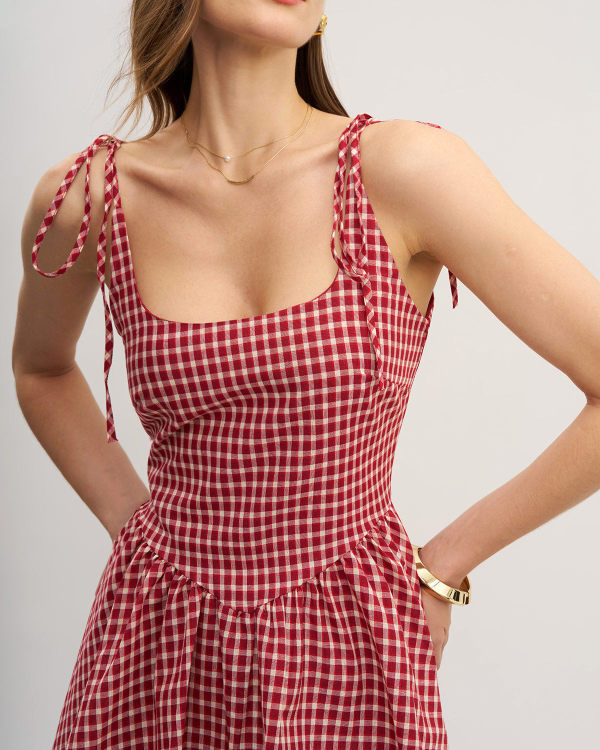 Red Plaid Tie Strap Mini Dress - Threadford