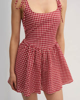 Red Plaid Tie Strap Mini Dress - Threadford
