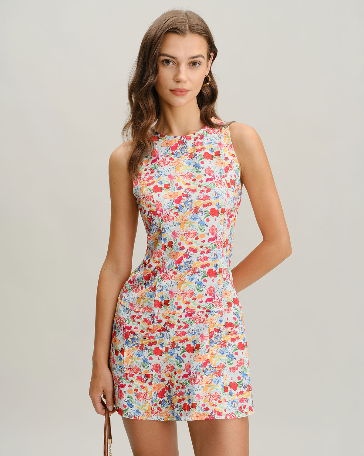 Red Floral Boat Neck Sleeveless Mini Dress - Threadford