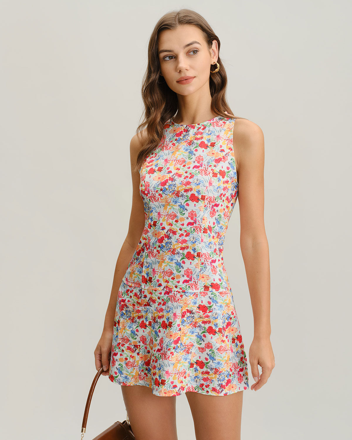 Red Floral Boat Neck Sleeveless Mini Dress - Threadford