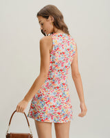 Red Floral Boat Neck Sleeveless Mini Dress - Threadford