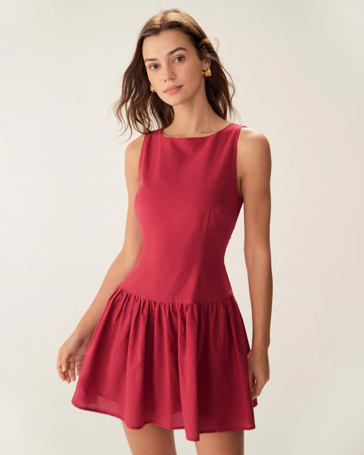 Red Boat Neck Sleeveless Mini Dress - Threadford