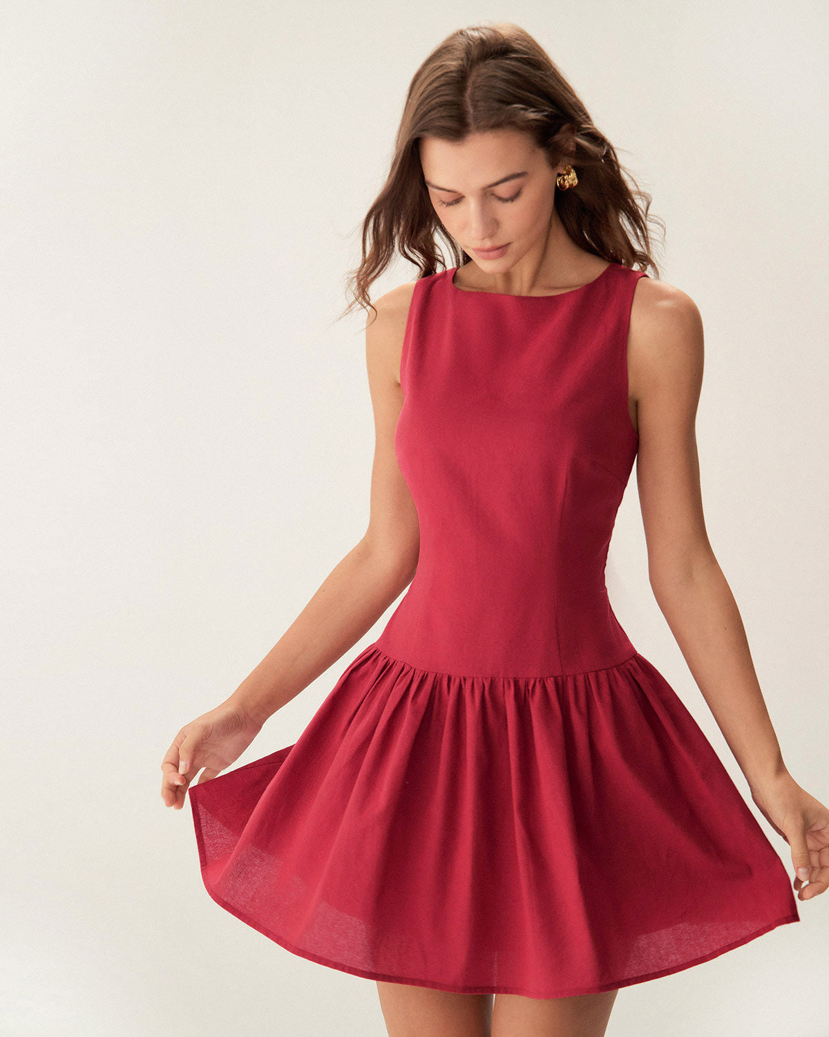 Red Boat Neck Sleeveless Mini Dress - Threadford
