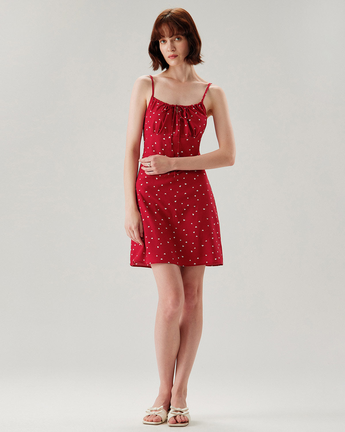 Red Heart Pattern Sweetheart Neck Slip Mini Dress - Threadford