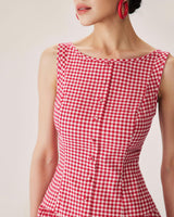 Red Plaid Boat Neck Mini Dress - Threadford
