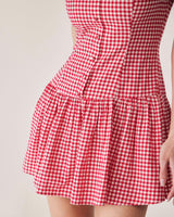 Red Plaid Boat Neck Mini Dress - Threadford