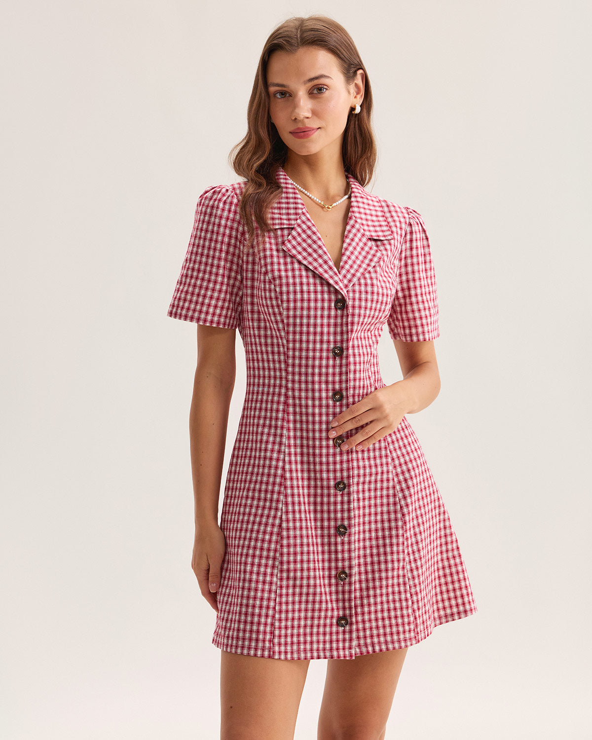 Red Plaid Pocket Button Mini Dress - Threadford