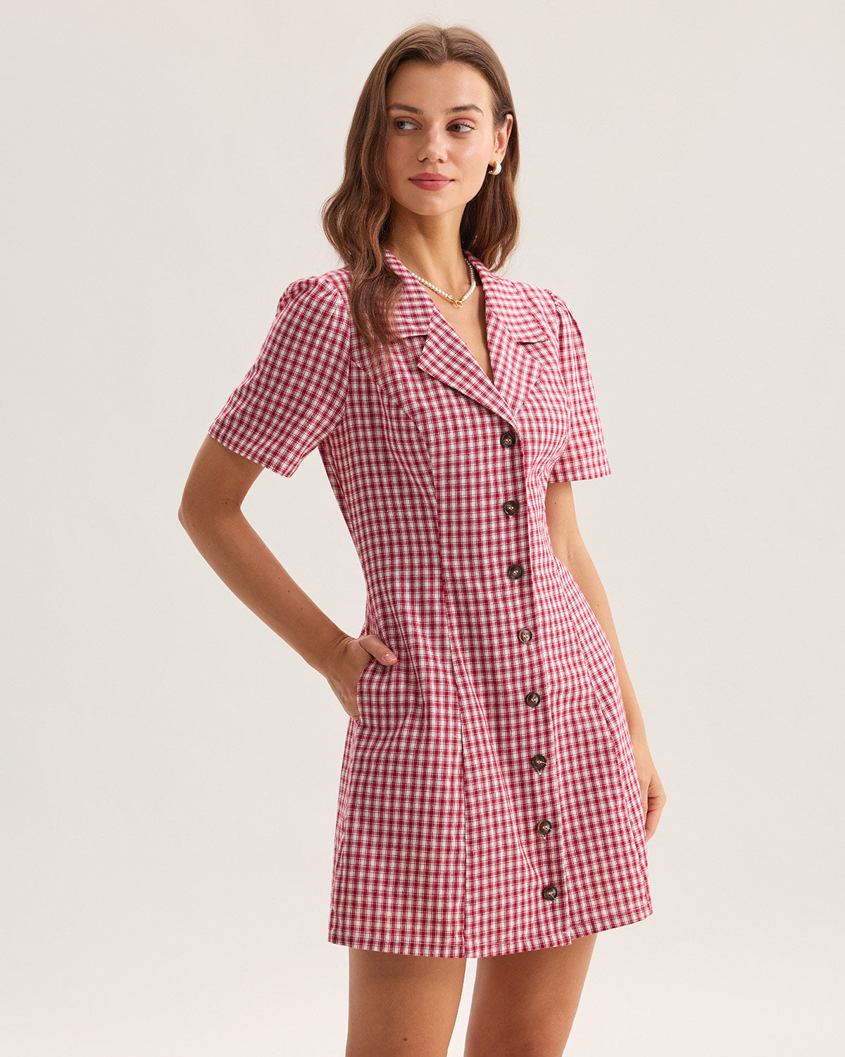 Red Plaid Pocket Button Mini Dress - Threadford