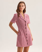 Red Plaid Pocket Button Mini Dress - Threadford