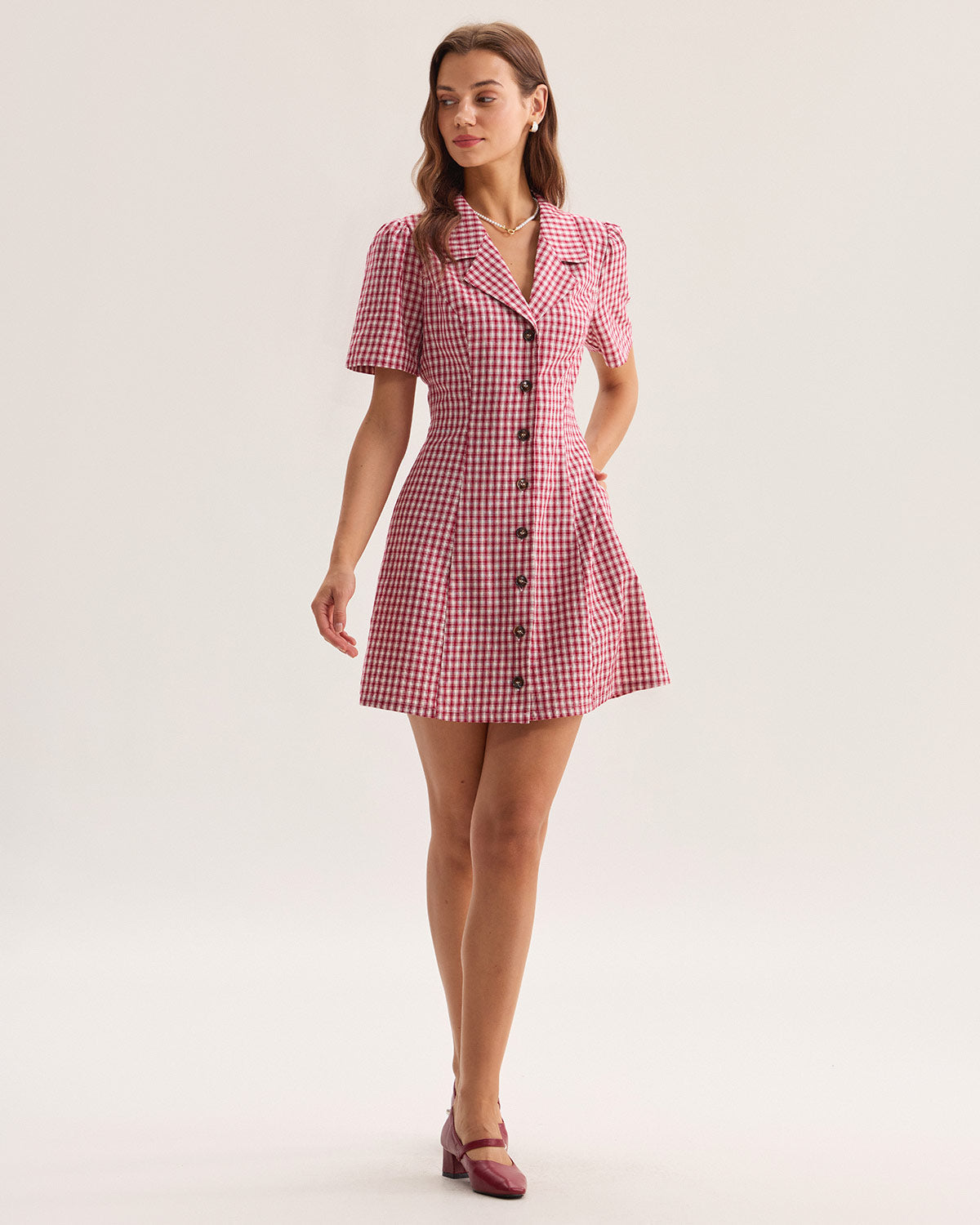 Red Plaid Pocket Button Mini Dress - Threadford