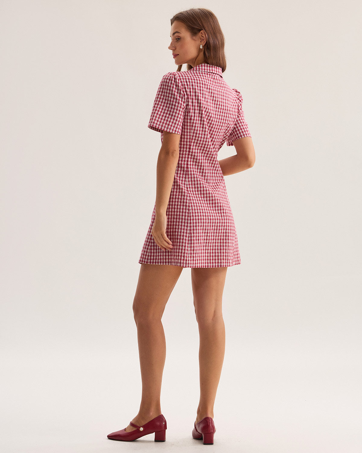 Red Plaid Pocket Button Mini Dress - Threadford