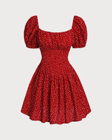 Red Polka Dot Square Neck Mini Dress - Threadford